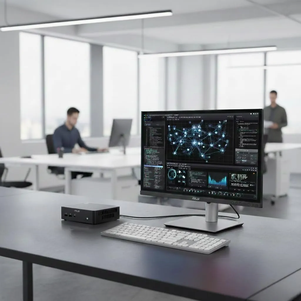 ASUS mini PC beside a monitor and keyboard on an office desk