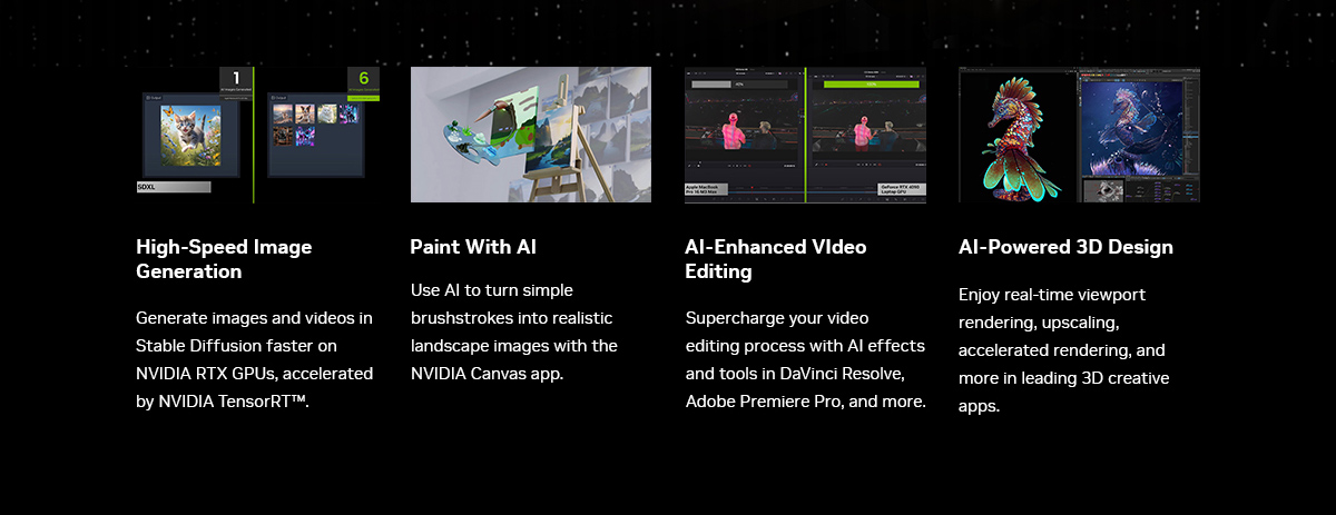 High-speed image generation, paint with AI, AI-enhnaced video editing, AI-Powered 3D Design
