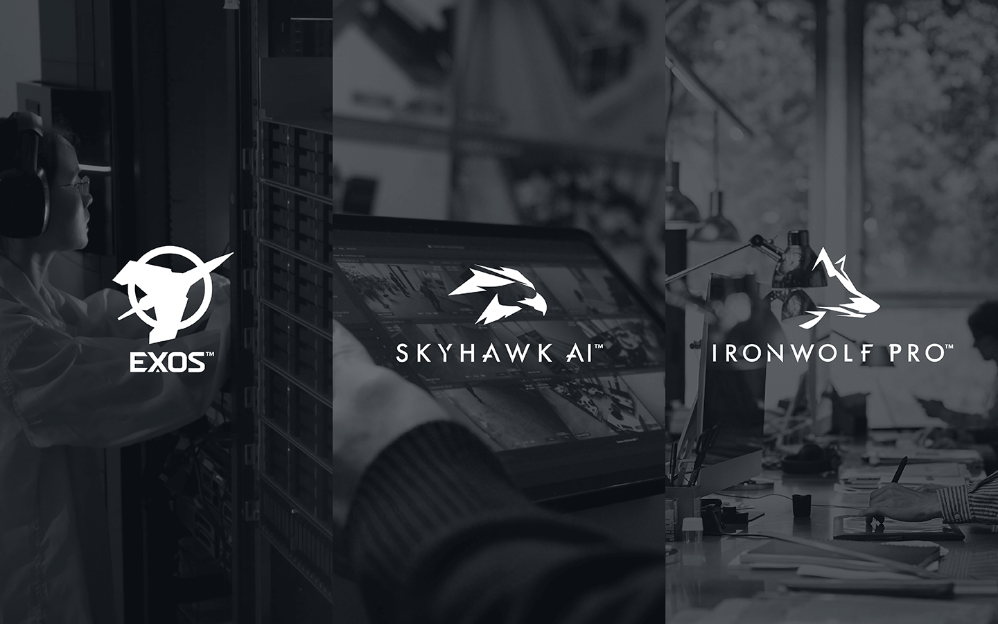 A triptych image with labels: 'Exos'shows a person working with servers, 'SkyHawk AI' depicts a hand using a touchscreen, 'IronWolf Pro' displays a creative office.