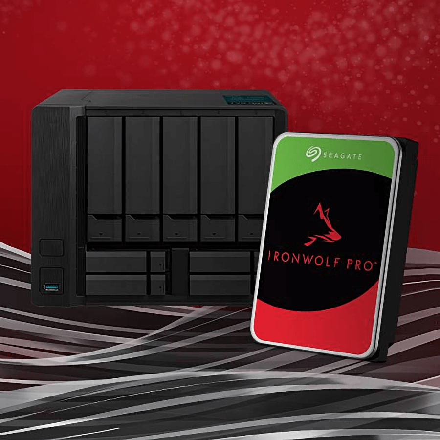 A black multi-bay NAS storage device sits on a red background with sparkles. Beside it is a large Seagate IronWolf Pro hard drive. Waves and curves add a dynamic feel.